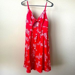FancyInn Red Floral Print tie-front button down spaghetti strap midi dress